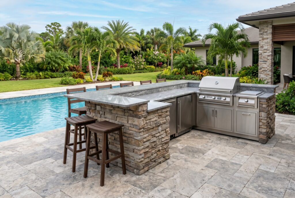 Poolside outdoor kitchen bar with stools, stone counters, and resort inspired layout.