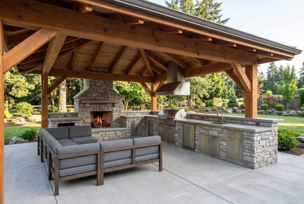 Large timber pavilion covering outdoor kitchen, fireplace, and sectional lounge seating. 