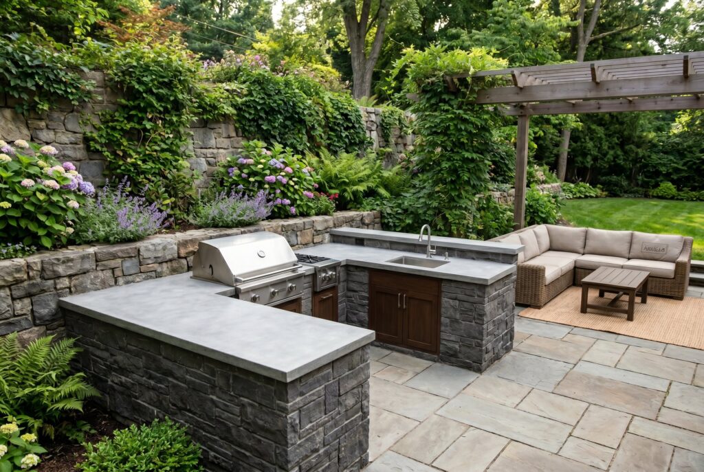Corner outdoor kitchen layout with stone counters opening toward a lounge seating area.
