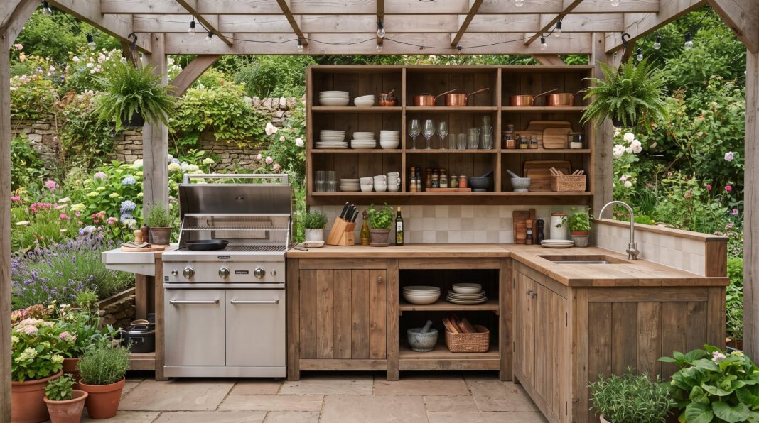 DIY outdoor kitchen with wood counters, open shelving, grill station, and garden backdrop.