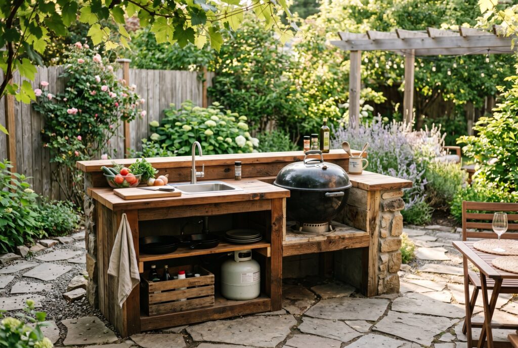Budget outdoor kitchen storage wall with concrete blocks, timber shelves, and kettle grill. 