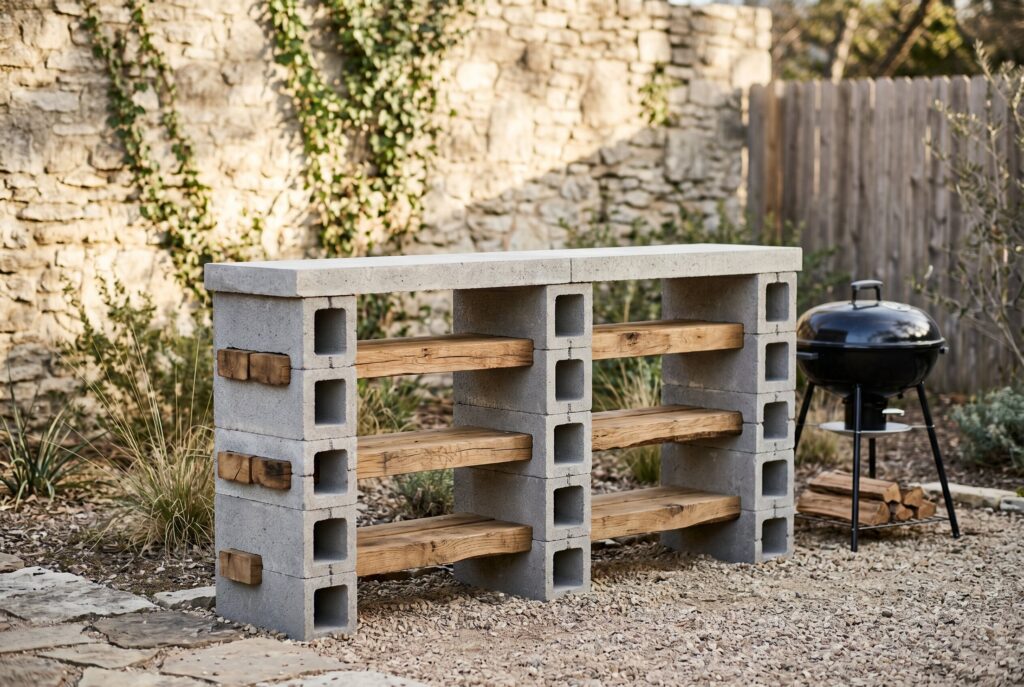 Concrete block shelving system with wood beams and adjacent outdoor grill station. 