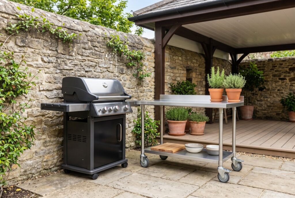 Mobile prep cart combo with freestanding grill and rolling stainless steel worktable.