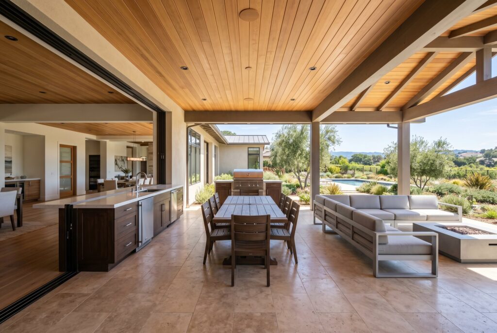 California room outdoor kitchen connected to indoor living space through large sliding doors. 