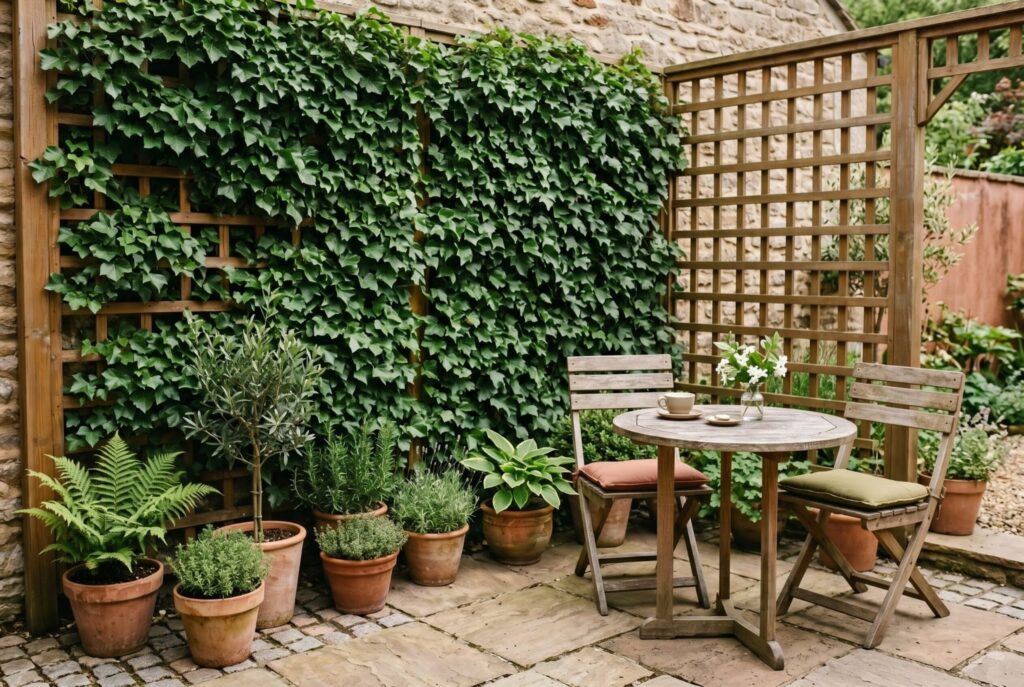 Ivy covered lattice wall creating lush green backdrop for patio dining area. 