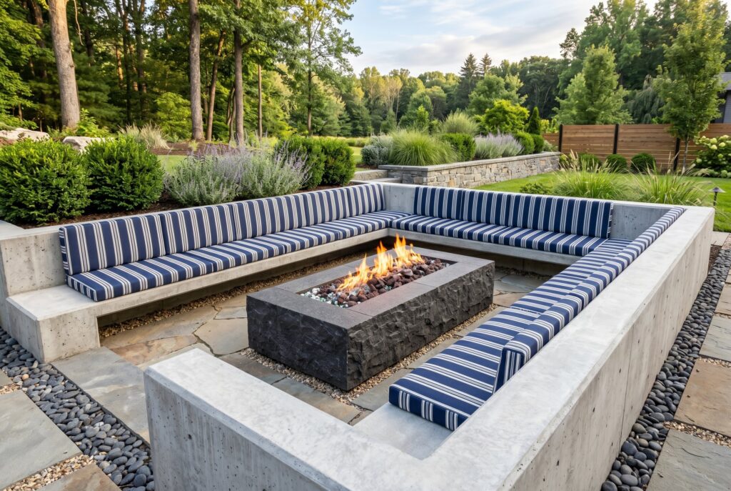 Extended concrete hearth benches with striped cushions and rectangular fire pit centerpiece.
