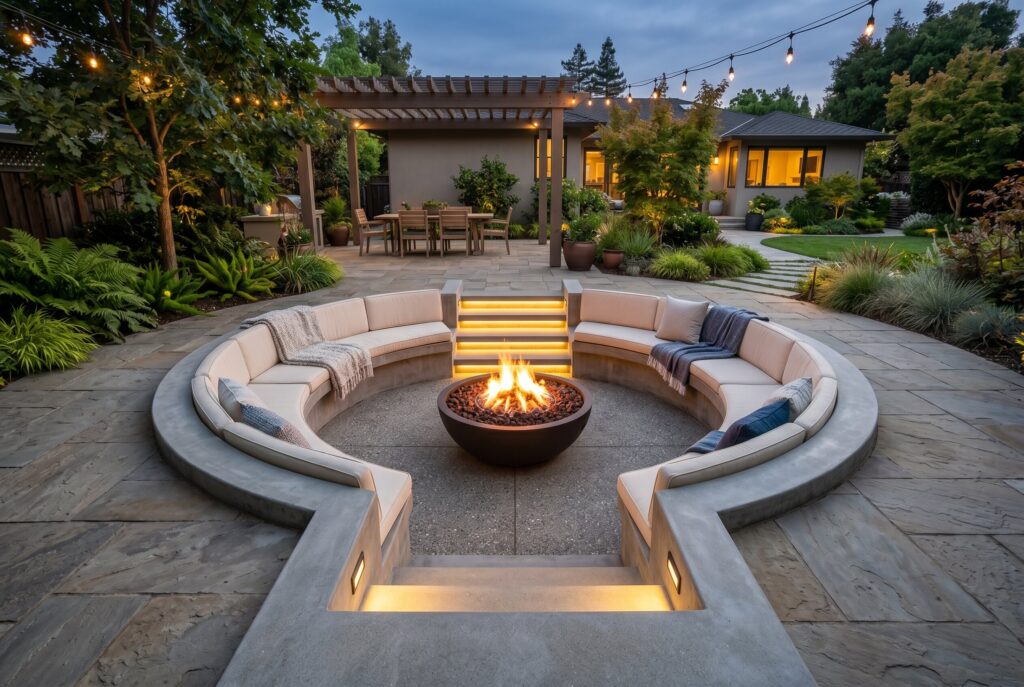 Sunken fire pit conversation pit with curved seating and integrated step lighting.