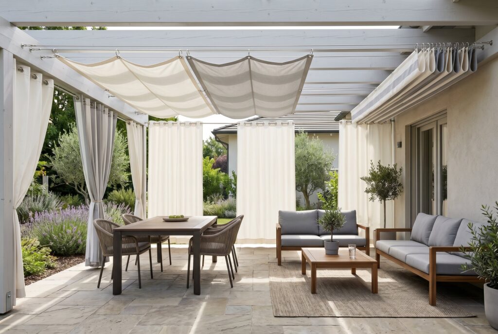 Slide on wire outdoor fabric canopy with curtains and budget friendly patio shade solution. 