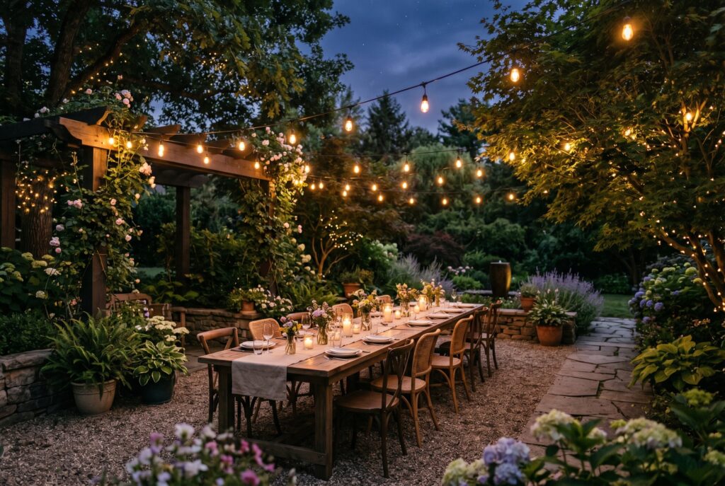 Alfresco dining under string lights with long table and garden atmosphere.