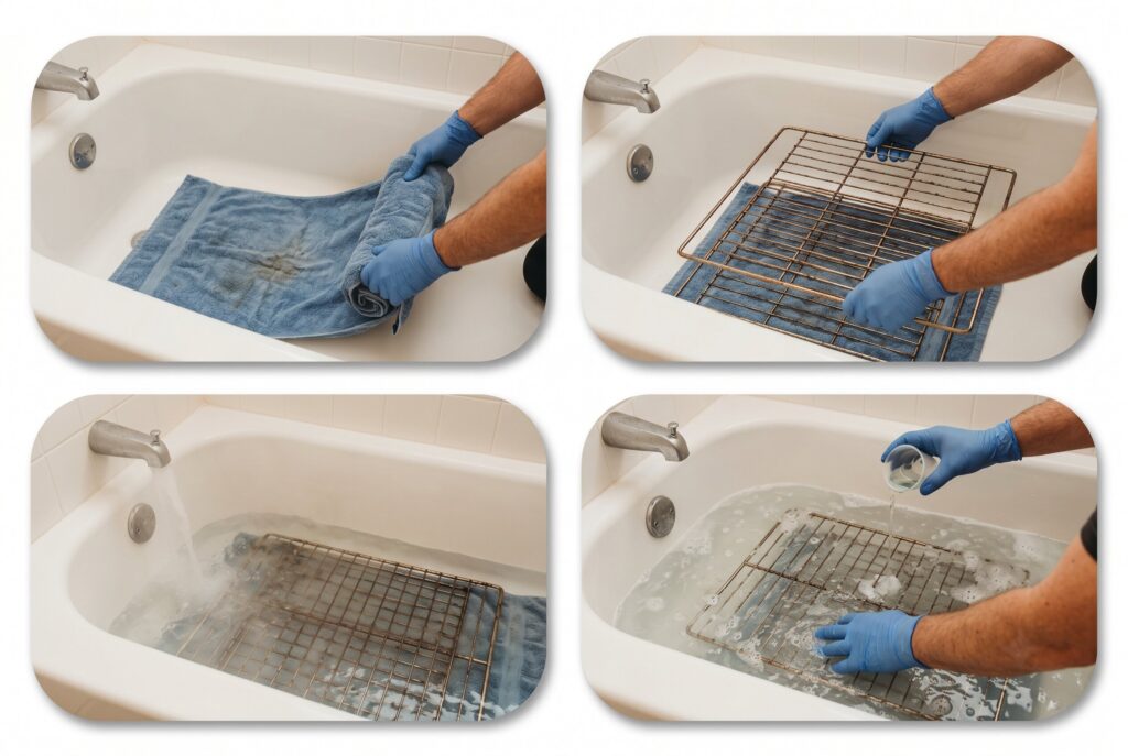 Four steps showing a person placing a towel and dirty rack in a bathtub, adding water, and scrubbing.
