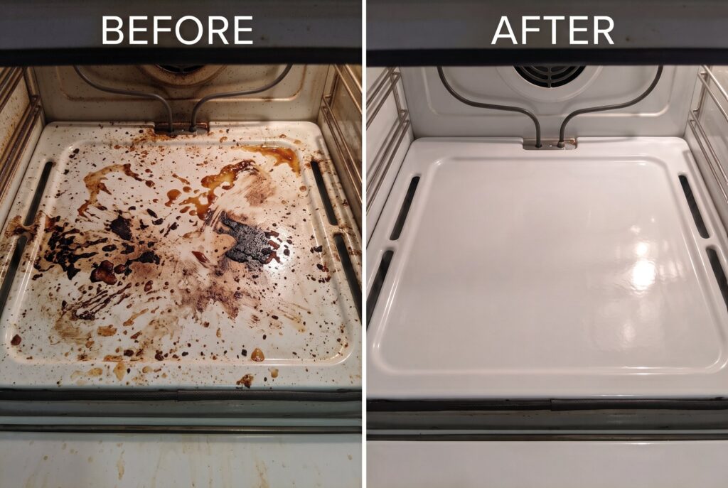 Before-and-after oven cleaning comparison showing a burnt, greasy oven floor restored to a spotless white finish.