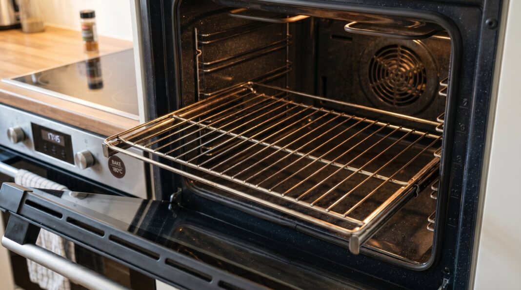 Open stainless steel oven showing an empty wire rack pulled out halfway for safe removal.