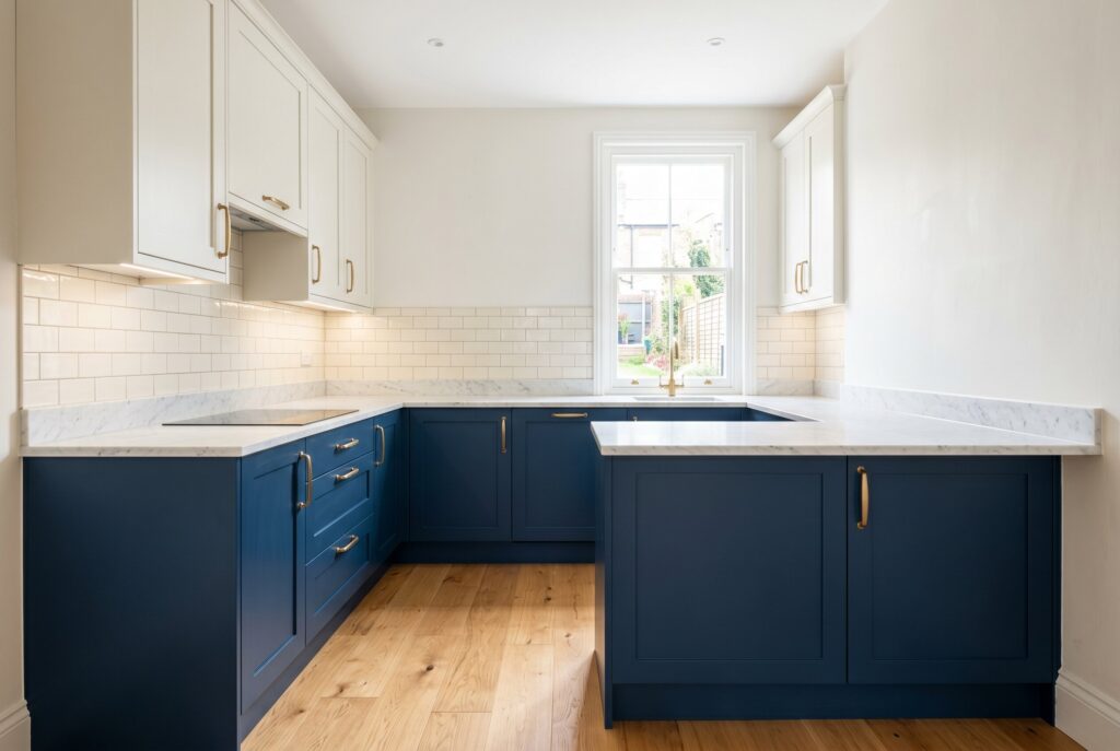 Benjamin Moore Van Deusen Blue kitchen with deep blue lower cabinets, white uppers, brass hardware, and oak flooring.