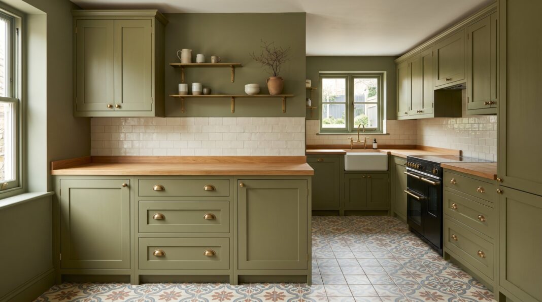 Small kitchen with muted sage green cabinetry, butcher block countertops, brass hardware, and warm natural lighting.