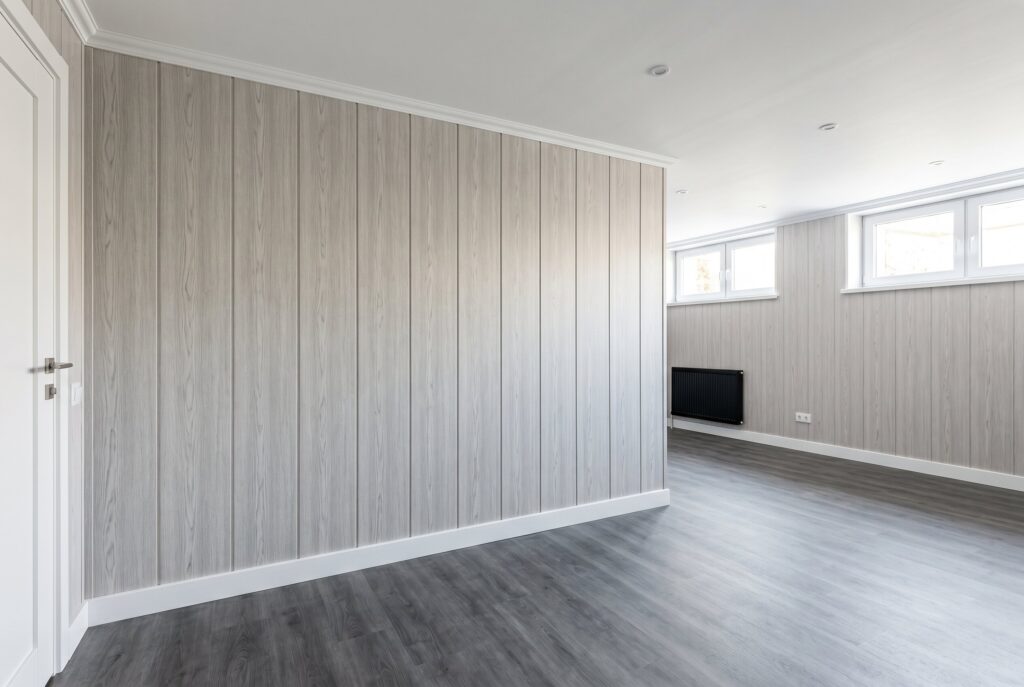 PVC wall panels with waterproof flooring in a moisture resistant basement room. 