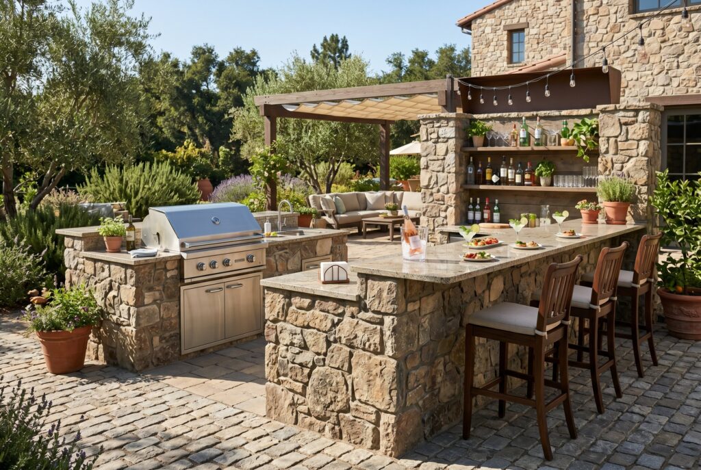 L shaped stone outdoor bar island with built in grill and luxury patio hardscaping.