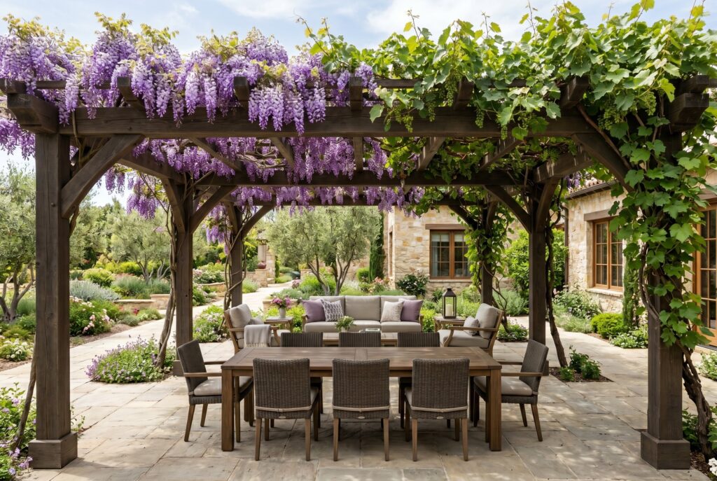 Wisteria and grapevine trellis roof over outdoor dining area with romantic garden atmosphere. 