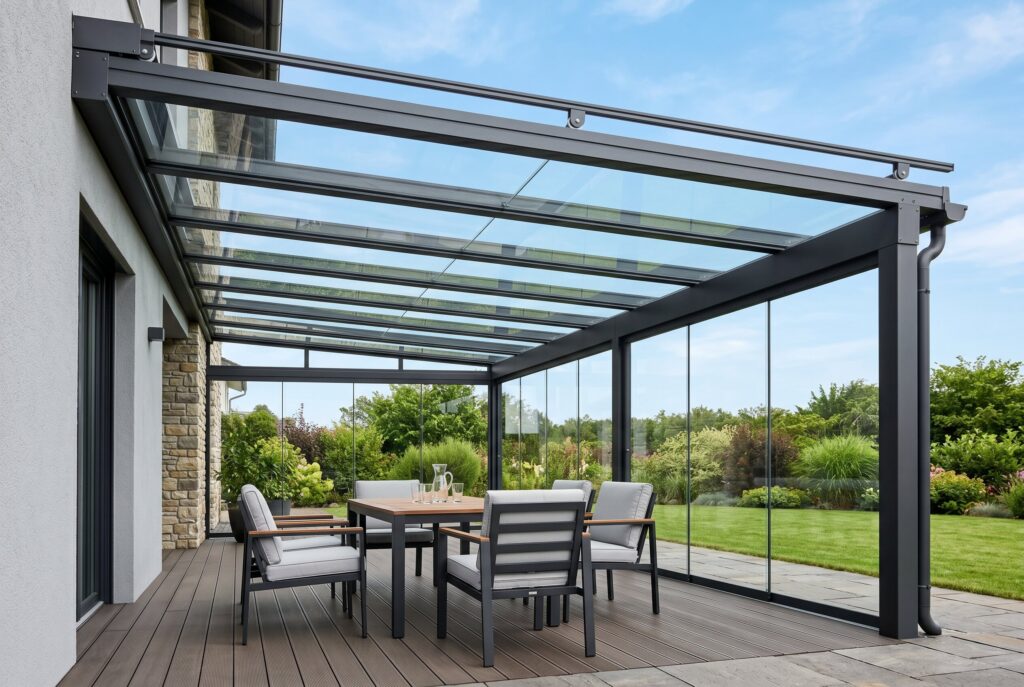 Retractable glass veranda covering patio with dining table and panoramic garden views. 