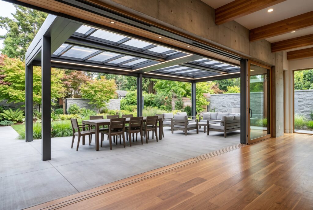 Flush indoor outdoor threshold connecting covered patio and modern open concept home. 