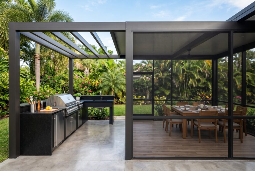 Half screened patio cover with outdoor kitchen, dining area, and insect free entertaining space. 