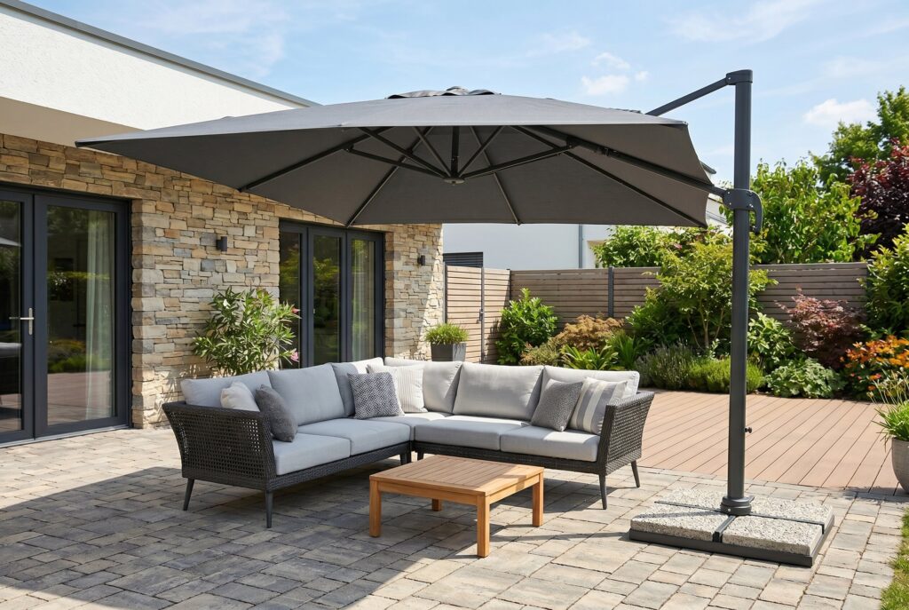 Oversized cantilever umbrella shading sectional sofa on modern backyard patio. 
