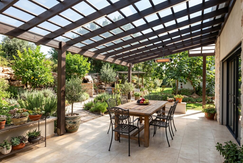 Corrugated polycarbonate patio roof on wood frame with outdoor dining space. 