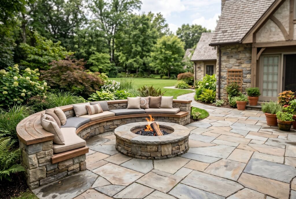 Flagstone fire pit patio with curved seating wall and outdoor entertaining area.