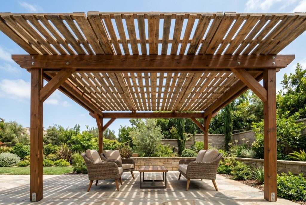 Upcycled wood pallet pergola roof creating filtered shade over outdoor seating area. 