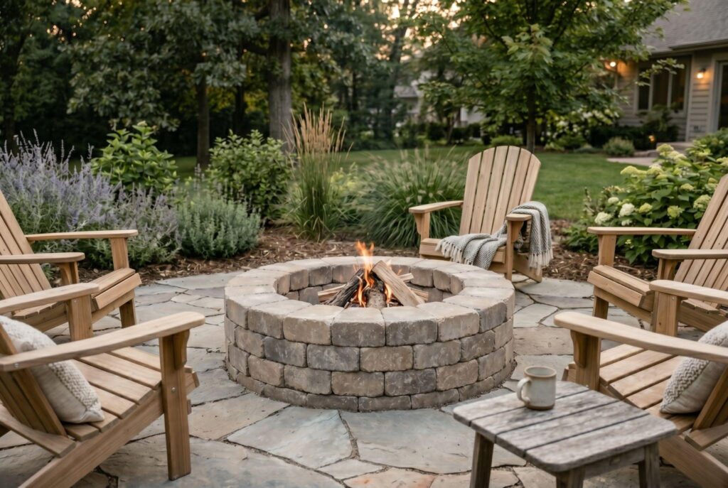 Built in paver fire pit ring with Adirondack chairs and backyard gathering space. 