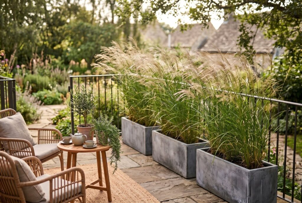 Tall fountain grass planters creating soft natural privacy along patio edge. 