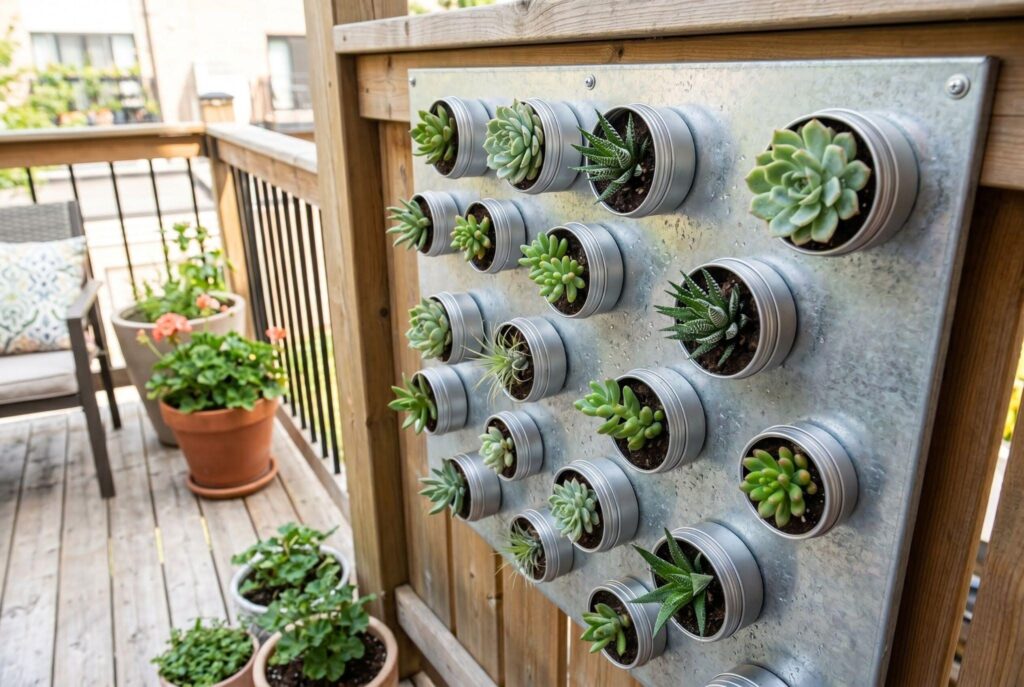 Magnetic wall tins filled with succulents mounted on metal patio privacy panel. 