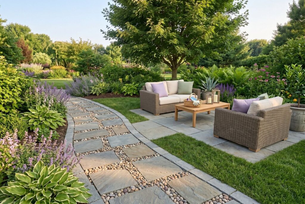 Smooth river rock joints between pavers with outdoor lounge seating and garden pathways. 