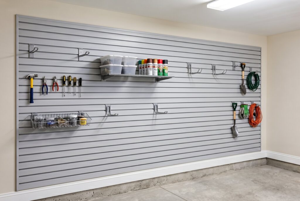 Slatwall storage system with hooks, shelves, and organized basement utility space.
