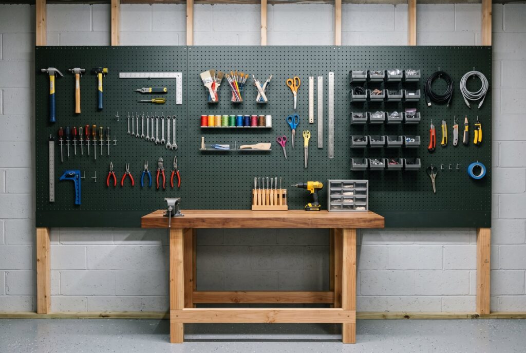 Pegboard tool wall with organized workshop storage and workbench station. 