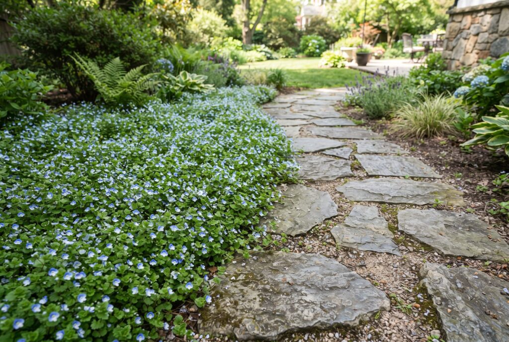 A dense, attractive carpet of creeping speedwell displaying small green leaves and tiny blue flowers alongside a flagstone walkway.