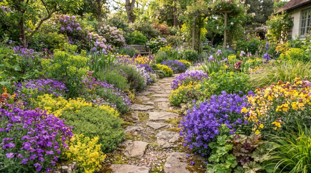 A vibrant, landscaped garden featuring a winding stone pathway surrounded by a dense, colorful carpet of various blooming perennial ground covers in shades of purple, yellow, and green.