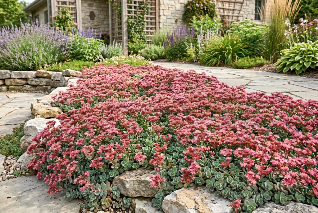 A drought-tolerant succulent sedum ground cover thriving in a rocky garden setting, displaying thick leaves and a dense mat of reddish-pink flowers.