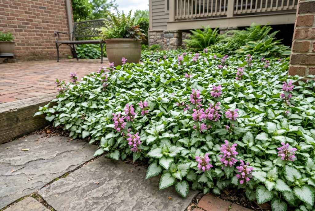 Spotted deadnettle, also known as lamium, brightening a garden bed next to a brick patio with its silver-patterned leaves and pinkish-purple blooms.