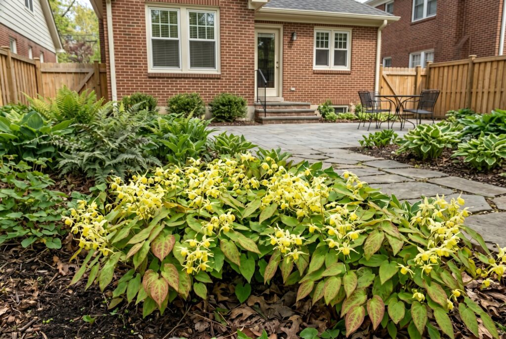 Barrenwort, or epimedium, adding texture to a dry shade area with its delicate yellow spring flowers and seasonally changing foliage next to a stone patio.