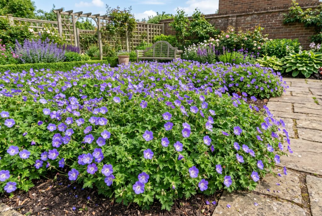A reliable flowering ground cover of hardy geranium filling an open garden space with soft green foliage and abundant purple-blue blooms.