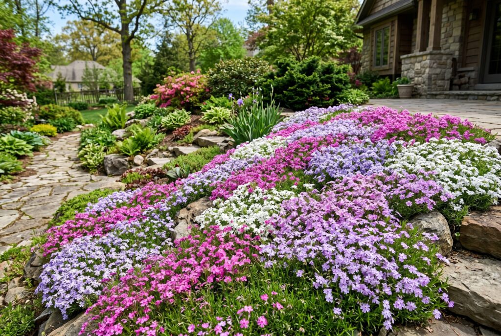 A vibrant spring display of creeping phlox blanketing a rocky slope with eye-catching pink, purple, and white flowers next to a stone path.