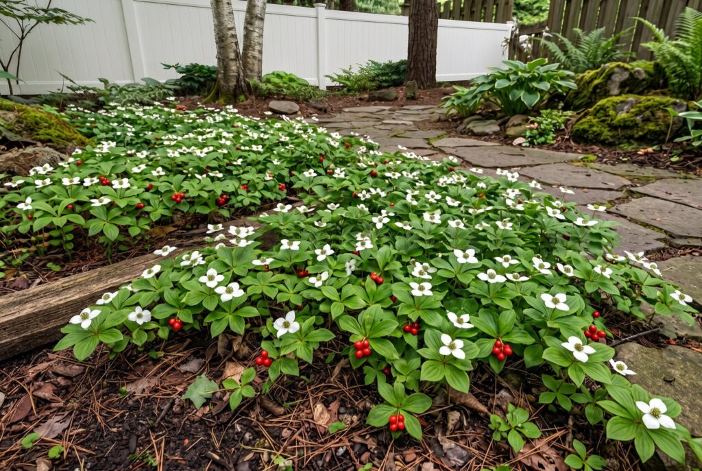 A charming woodland carpet of bunchberry producing delicate white flowers over green foliage along a shaded stone garden path.
