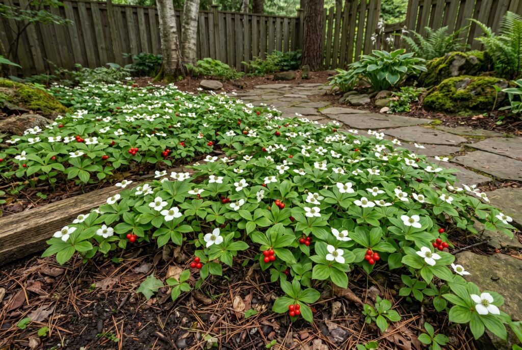 A charming woodland carpet of bunchberry producing delicate white flowers over green foliage along a shaded stone garden path.