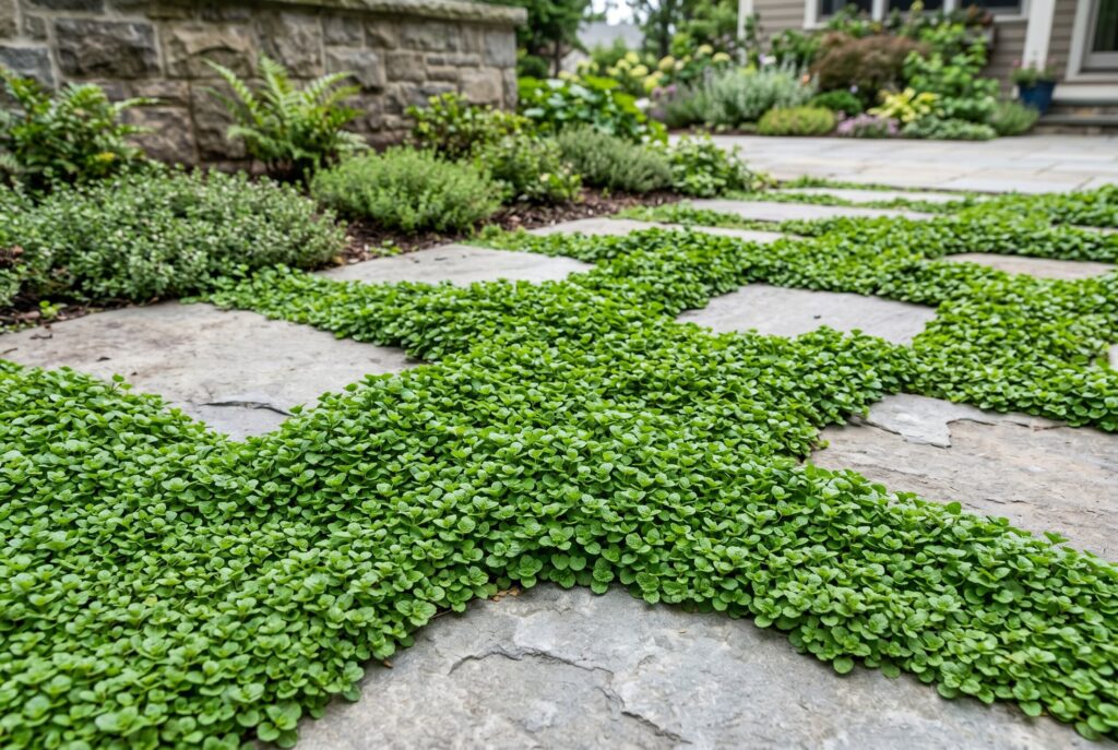 A miniature, fragrant carpet of Corsican mint thriving in moist soil and filling the narrow gaps between large stone pavers.
