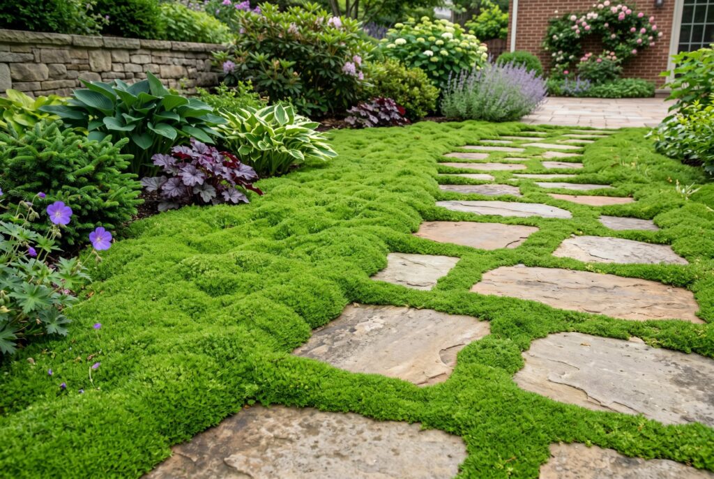 A cushion-like carpet of bright green Irish moss adding a soft, refined look by filling the spaces between stepping stones on a pathway.