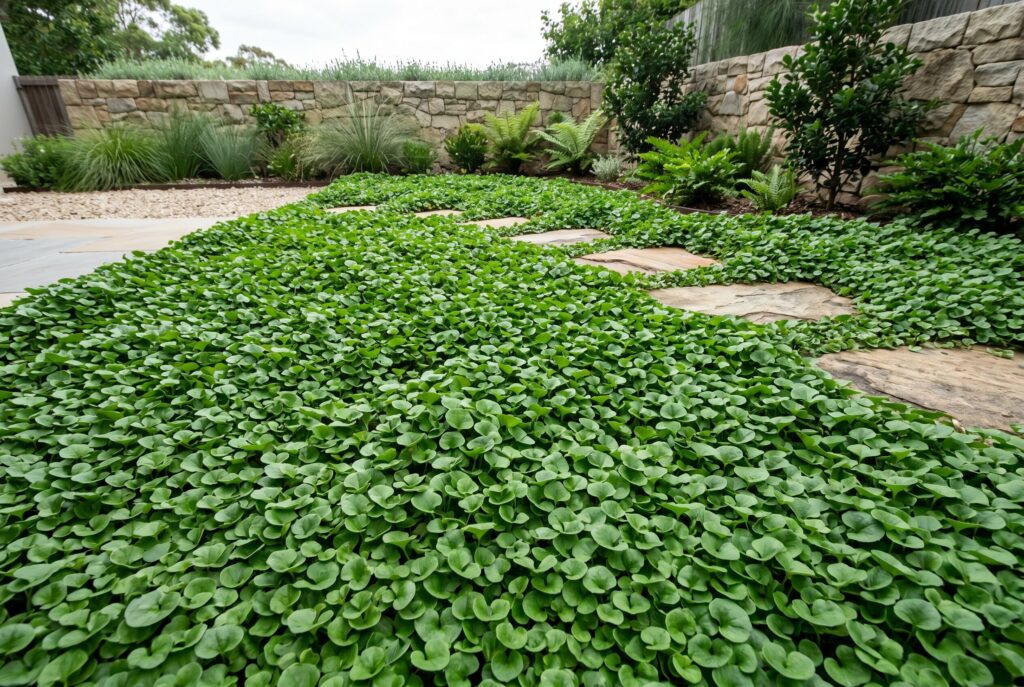Dichondra repens forming a soft green mat of round leaves alongside a stone path.