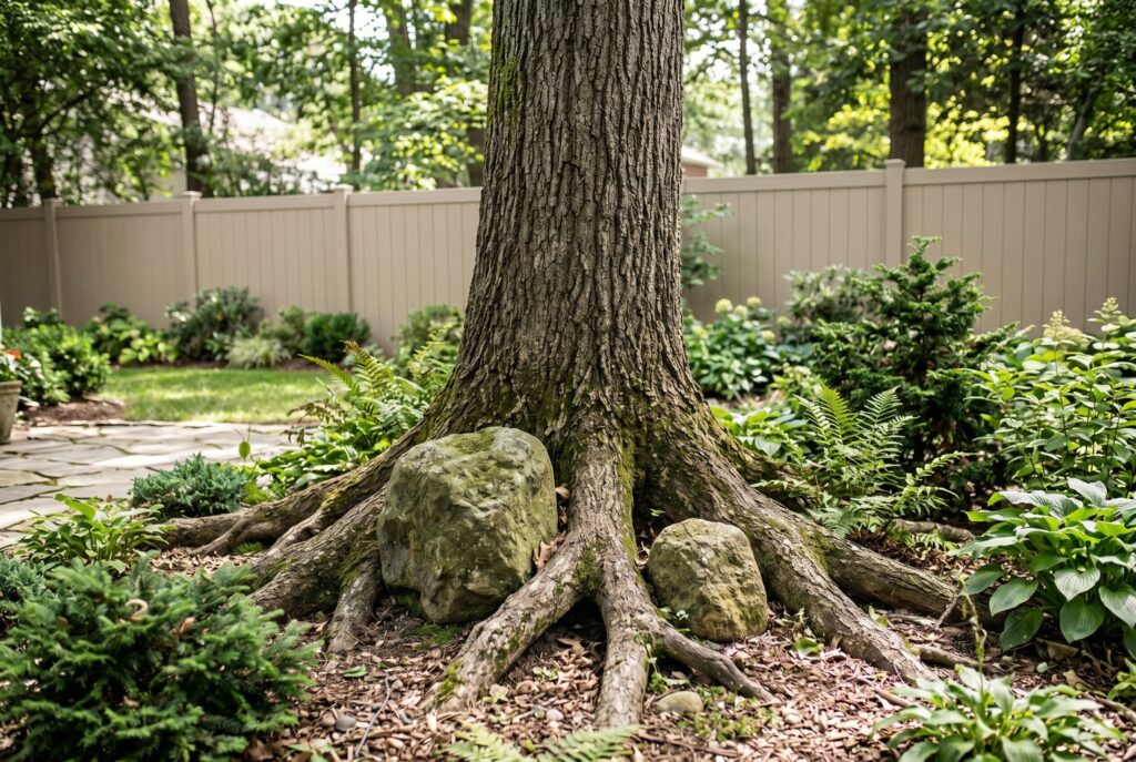 Asymmetrical boulder arrangement among exposed tree roots with natural woodland landscaping. 