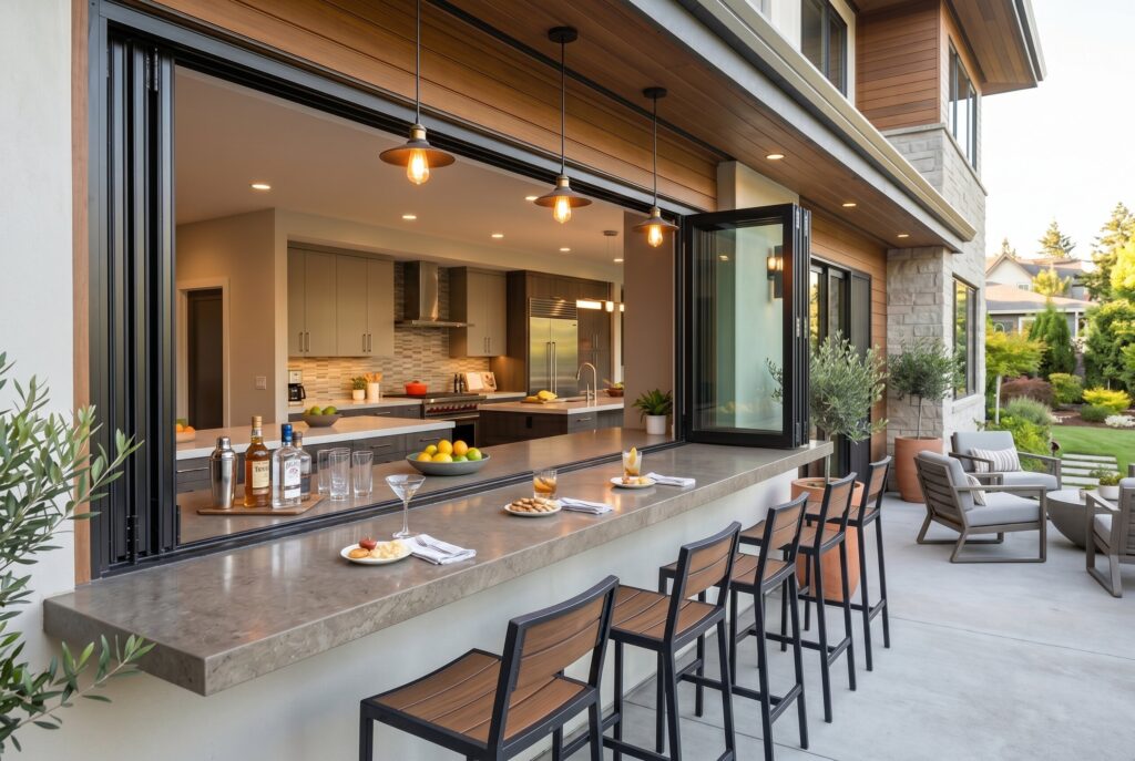 Window pass through bar connecting outdoor patio seating with modern indoor kitchen.