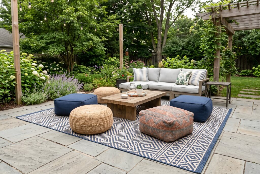 Outdoor rug and floor poufs creating flexible patio lounge seating area.