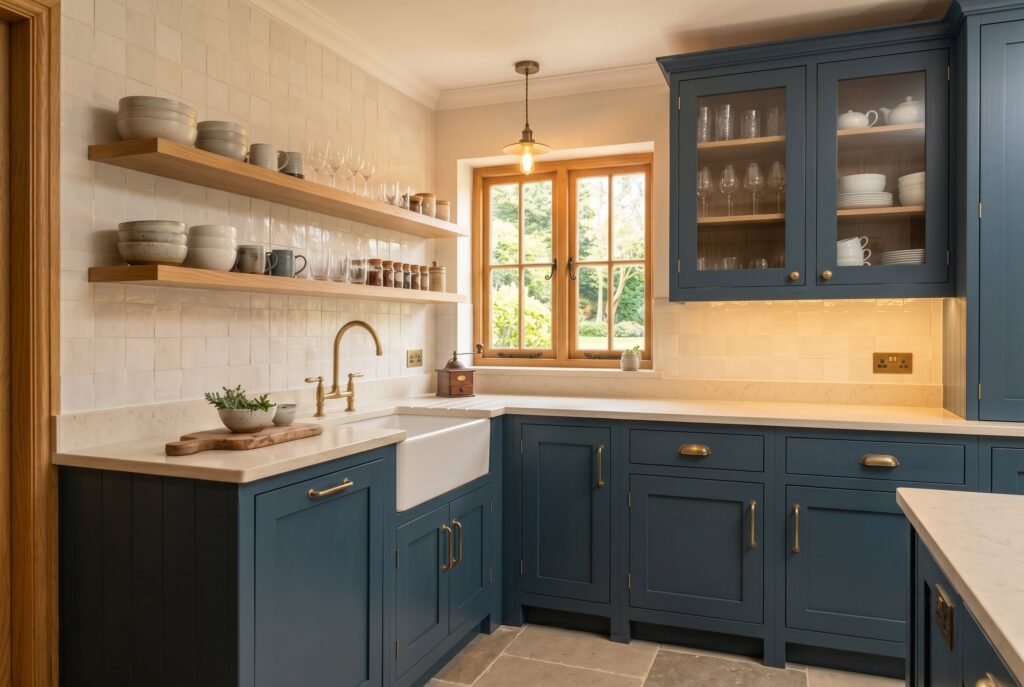 Stormy Sea kitchen with dark blue lower cabinets, glass fronts, and warm oak trim.